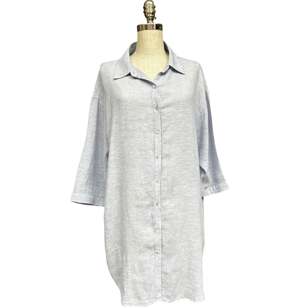 Tahari Light Blue Linen Blend Button Front Shirt Dress Tunic Size Large